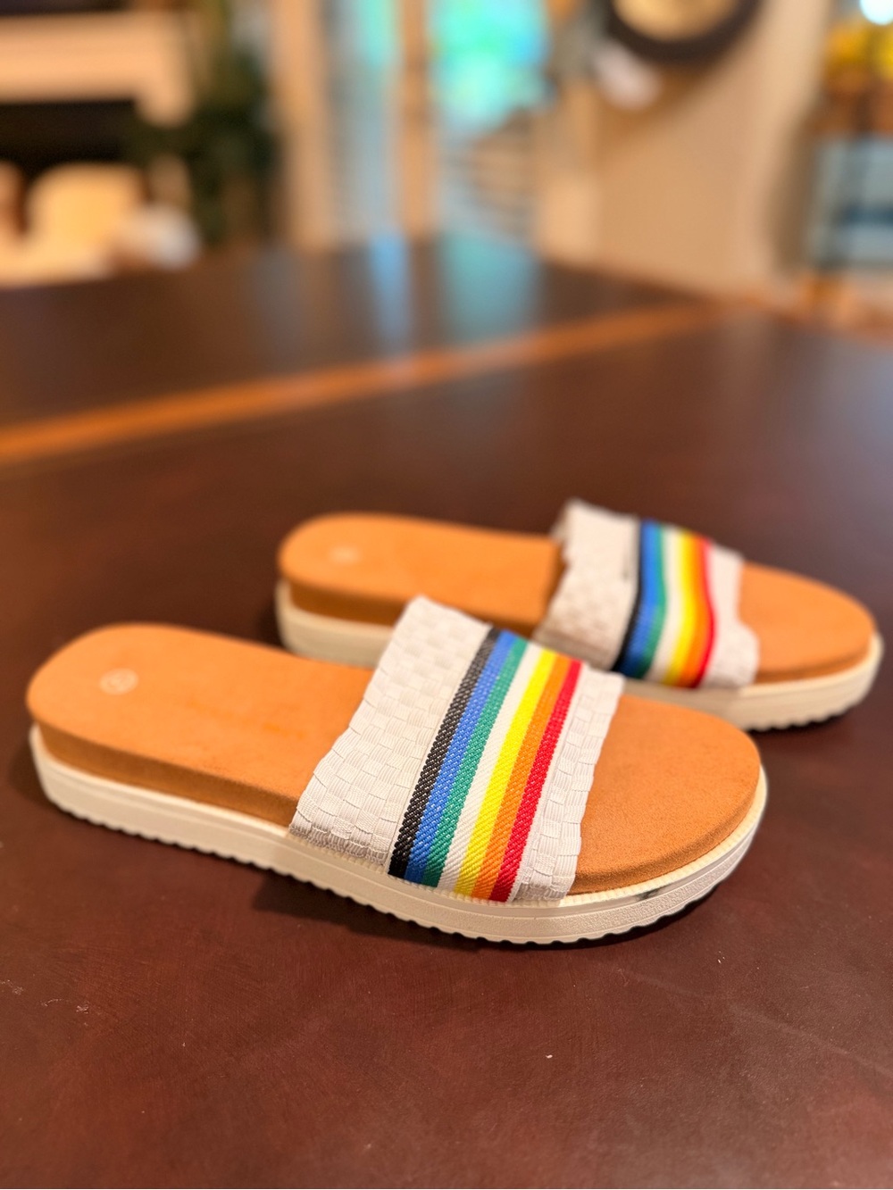 bernie mev. NEW White Slide Sandals with Rainbow Stripes